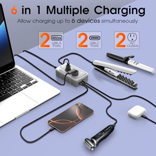 Mapambo Grey 220V to 110V Travel Voltage Converter for Europe, 6-in-1 Power Adapter with USB-C & USB-A Ports