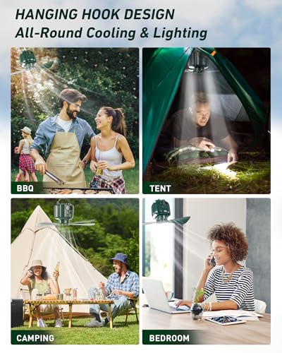 DUKUSEEK Portable Tent Ceiling Fan with Light & 7500mAh Power Bank - Green Small Version