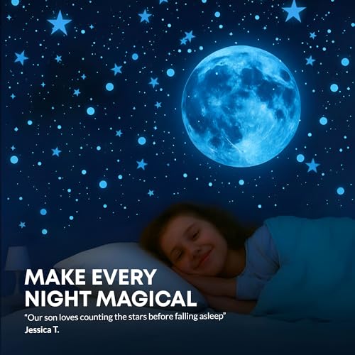LUMOSX Space Blue Glow in the Dark Star Ceiling Decals Set - 600 Pcs with Moon & E-Book