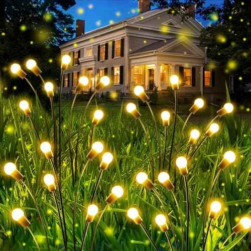 OZS 10 Pack Total 80 LED Solar Garden Lights Fairy Outdoor - Solar Firefly Lights Outdoor, Sway by Wind, Waterproof for Garden Patio Pathway Fairy Decoration (Warm White)