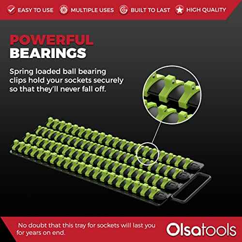 Olsa Tools Portable Socket Organizer Tray | Black Rails with Green Clips | Holds 80 Sockets | Professional Quality Socket Holder
