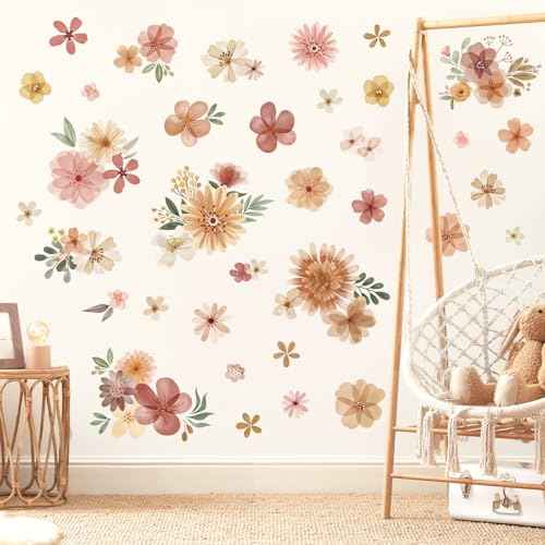 decalmile Boho Daisy Flower Wall Decals Bohemian Retro Watercolor Floral Wall Stickers Baby Nursery Girls Bedroom Living Room Wall Decor