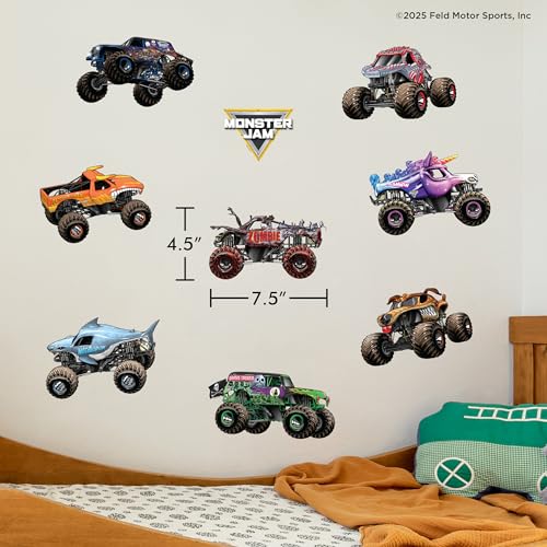 WALL PALZ Monster Jam Trucks Wall Decals Pack - Grave Digger & More, Repositionable Vinyl Room Decor
