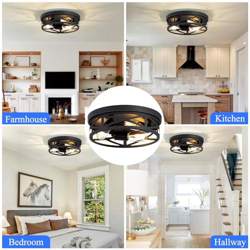 SKEJAO 13.1 Inch Black 3-Light Flush Mount Ceiling Light Fixture for Kitchen Hall Bathroom