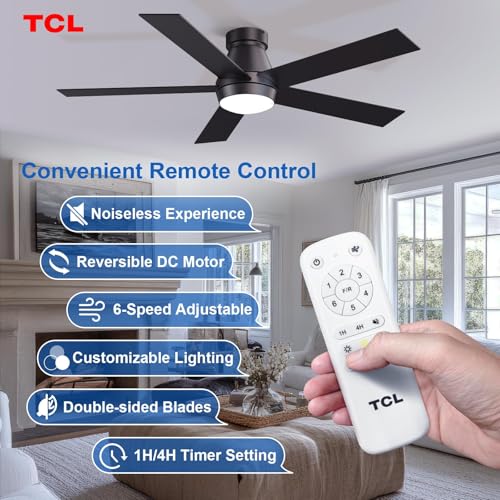 TCL 52-Inch Black Flush Mount Ceiling Fan with Light & Remote Control