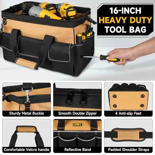 Tool Bag,16-Inch Heavy Duty Tool Bags for Men,27 Pockets Tool Box Organizer Storage,Wide Mouth Toolbag Tools Tote Carrying Case for Dad,Mechanic,Electrician,Black+Brown,Bag Only