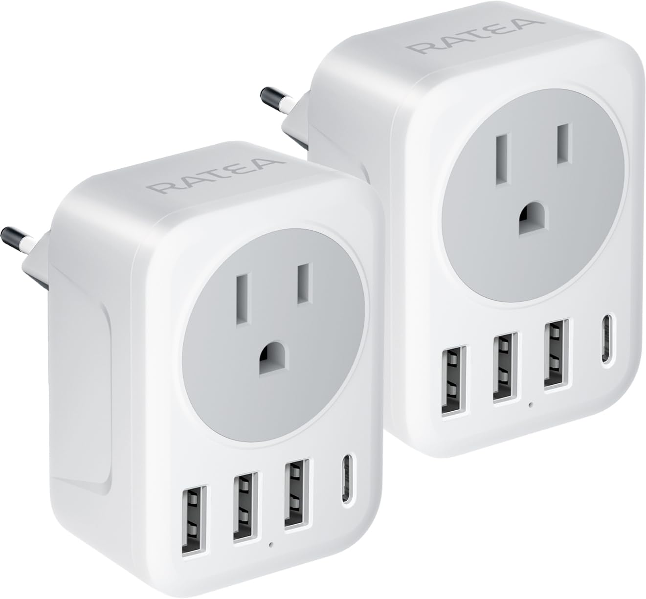 [2-Pack] European Travel Plug Adapter, RATEA International Power Plug Adapter with 3 USB Type A, 1 Type C Outlet Adaptor Charger for US to Most of Europe EU Spain Italy France Germany