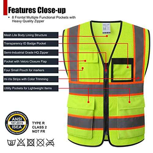 Reflective Safety Vest for Men Women Hi Vis Vest with 8 Pockets High Visibility Mesh Reflective Vest Meets ANSI/ISEA Standards (Yellow-07, Large)