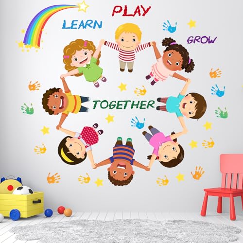 Kids Wall Decals for Classroom and Playroom ? Colorful Learn Play Grow Together Stickers, Educational Rainbow & Diversity Wall Decor for Nursery, Daycare, Kindergarten and Preschool Rooms