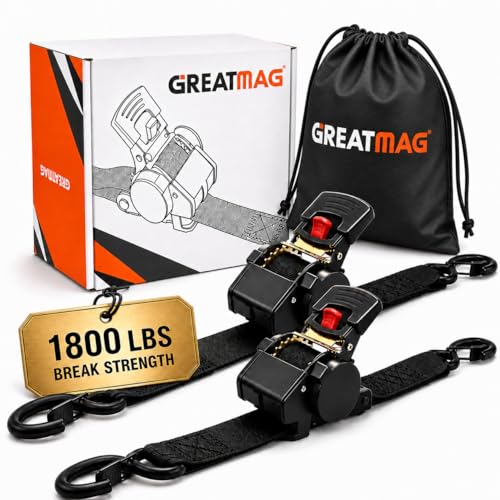 GREATMAG Heavy Duty Black Retractable Ratchet Tie-Down Straps 1800 lbs, 1in x 10ft, Auto Rewind, 2 Pack for Truck, Trailer & Cargo