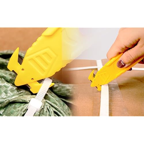 Safety Utility Cutter, T TOVIA Stainless Steel Package Opener, Two Sided Concealed Blade, Bladeless Tape Splitter, Efficient Cutting for Boxes, Wrap,Straps, Plastic Straps (5), Yellow, HKA61-YL-S-T1
