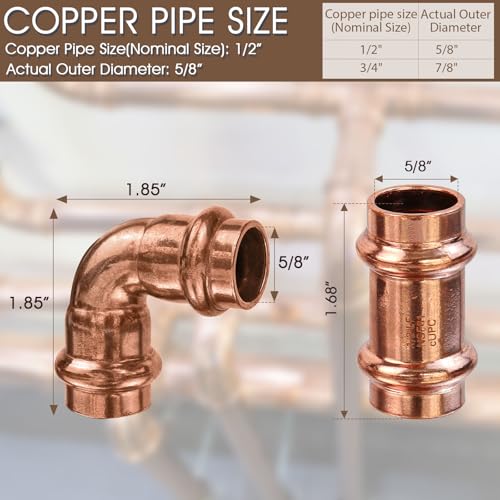 1/2 Inch Copper Press Fittings Kit with Coupling, 90° Elbow & Tee - Zero Lead, CUPC & IAPMO Certified, DIY Plumbing Repair
