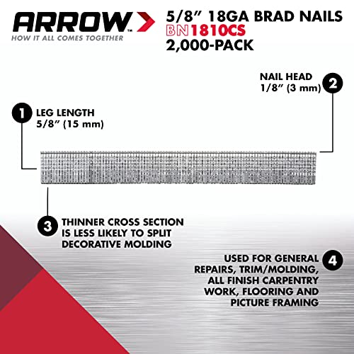 Arrow 18-Gauge Steel Brad Nails 5/8 Inch for Molding and Cabinetry, 1000 Pack