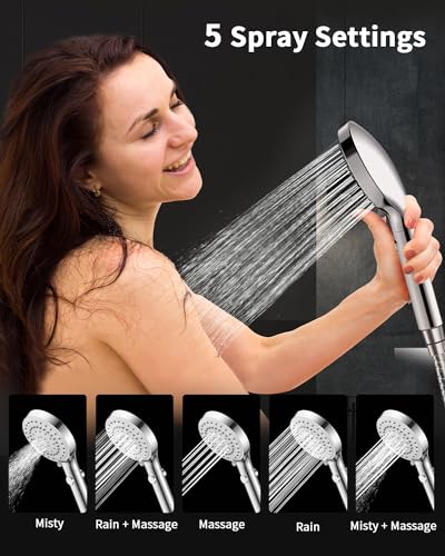 FASDUNT Handheld Shower Head with 5 Spray Modes & Chrome Finish, 80-Inch Hose