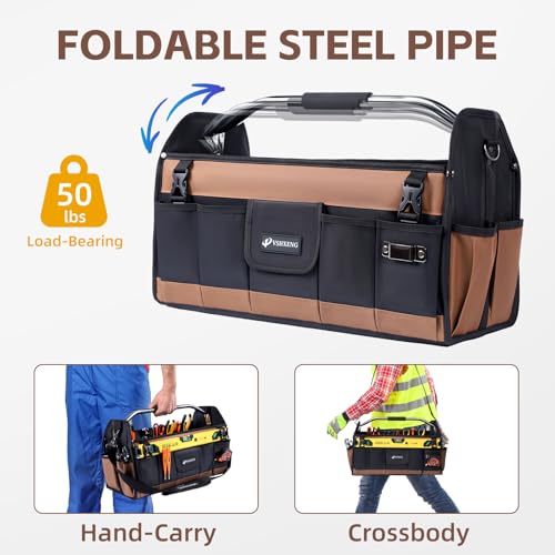 20 Inch Tool Bag, Foldable 19 Pockets Tool Tote Bags with Tool Organizer with Adjustable Shoulder Strap, Easy Carry and Easy Tool Access Open Top Tool Bag