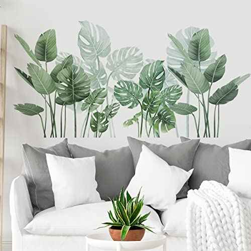 Tropical Plant Wall Decals, Potted Plants Leaf Wall Stickers Vinyl Peel and Stick Wallpaper for Bedroom Bathroom Nursery and Office