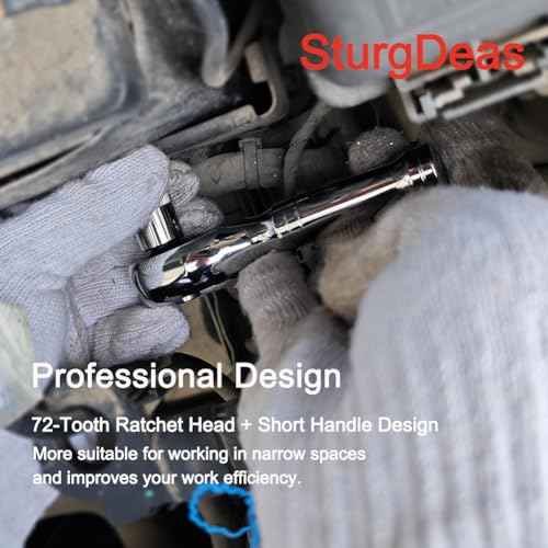 3/8-Inch Drive Ratchet Wrench, 72-Tooth Stubby Quick-Release Socket Wrench with a Extension Bar(5 inch), Reversible Switch, Chrome Alloy Made, Full-Polished Chrome Plating