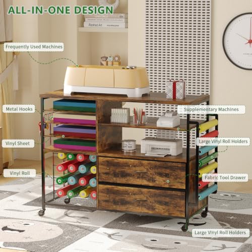 IBLUCTRY Rustic Brown Rolling Craft Storage Cart with Power Outlets & Vinyl Roll Holders