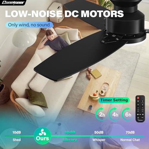 Conciseer 42 Inch Black Ceiling Fan with Lights and Remote, Flush Mount