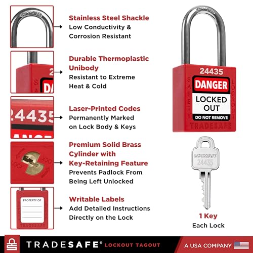 TRADESAFE Red Lockout Tagout Locks - 10 Pack Keyed Different with 1 Key Each