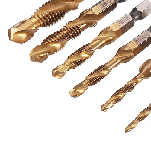 6Pcs Titanium Combination Drill and Tap Bit Set, Metric Drill Tap Bits Screw Tapping Bit Tool 1/4" Hex Shank 3 Functions in 1