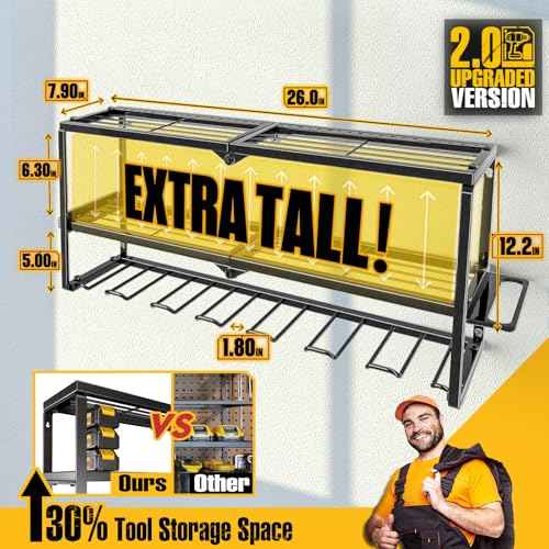 Power Tool Organizer for Tool Storage, Drill Holder Wall Mount with Screwdriver Organizer, Tool Holder for Garage Wall Organization, Heavy Duty Metal Tool Shelf with Battery Holder