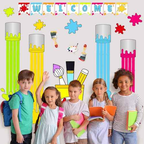 Welcome Back to School Decorations Art Paint Party Backdrop First Day of School Blackboard Wall Stickers for Classroom Kindergarten Photography Background Bulletin Boards
