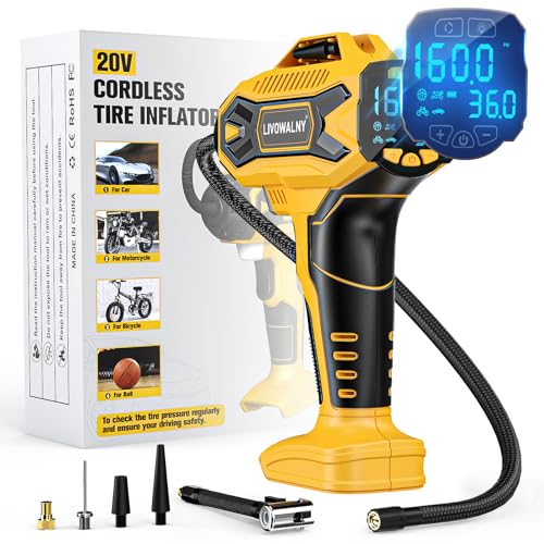 Standing Tire Inflator Air Compressor for Dewalt 20V Batteries - LIVOWALNY 160 PSI Cordless Electric Pump with Digital Pressure Gauge