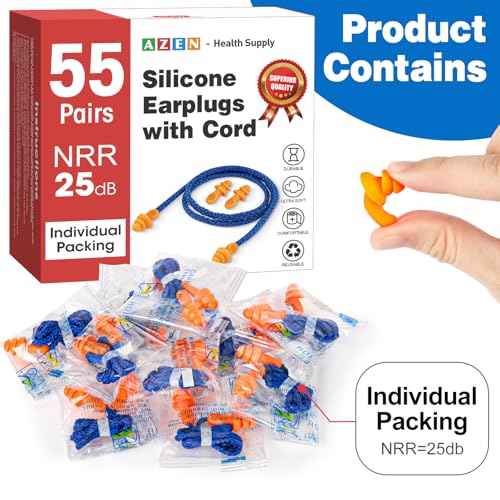 AZEN 55 Pairs Silicone Ear Plugs, Reusable Earplugs for Noise Reduction, 25dB NRR Corded Ear Plug for Sleeping Noise Cancelling, Ear Plug with String Individual Packing