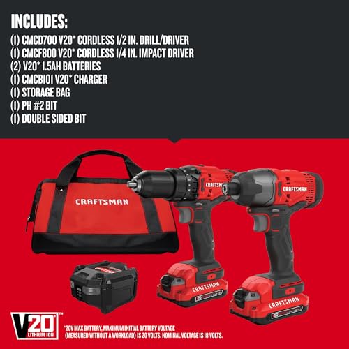 Craftsman V20 MAX Cordless Drill & Impact Driver 2-Tool Combo Kit with 2 Batteries