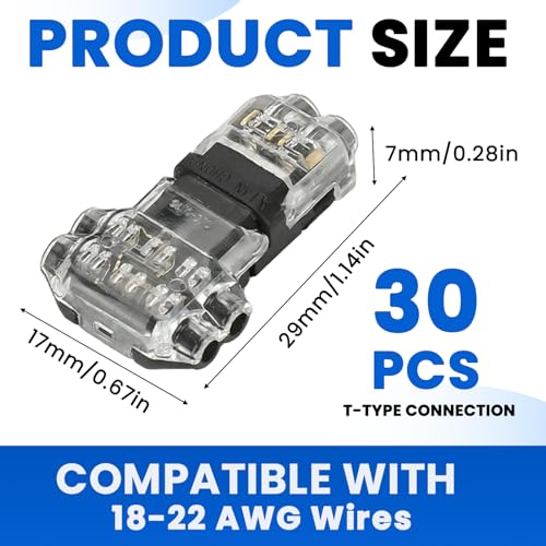 30PCS Low Voltage 3-Way Wire Tap Connectors for 18-22 AWG Cables, Solderless Splitters