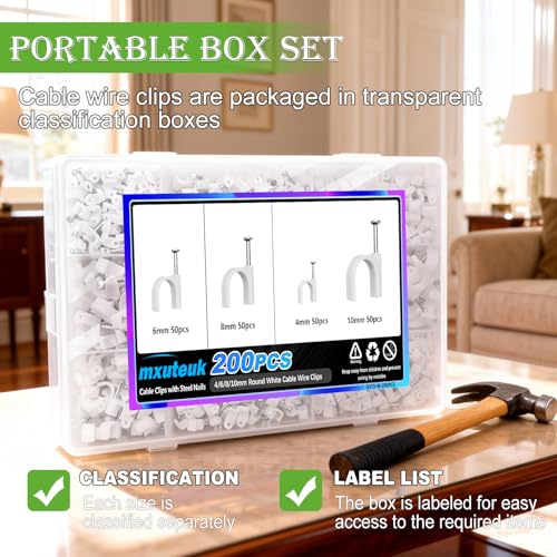 200PCS Cable Clips with Steel Nails 4/6/8/10mm White Wall Mount Cable Organizer