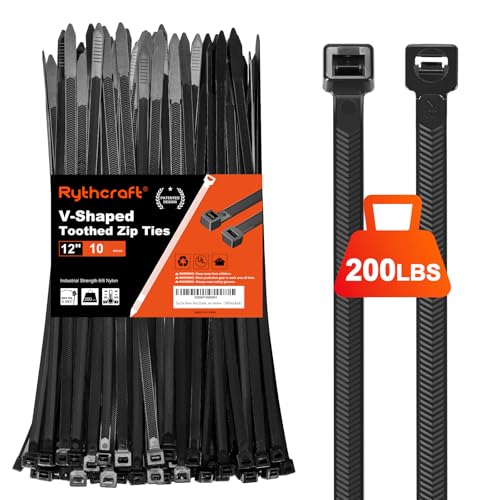 Heavy Duty 12 Inch V-Shaped Double Sided Zip Ties 200 LBS Pack of 80 Rythcraft