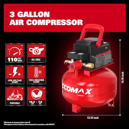 ECOMAX Portable Air Compressor with 3-Gallon Tank & Accessories Kit, 110 PSI