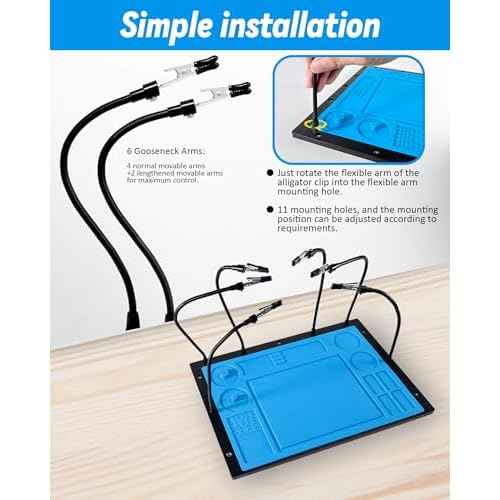 Kaisi Helping Hands Soldering Station with Soldering Mat,6 Flexible Arms Third Hand Tool Heat-Resistant Silicone Solder Mat Base Soldering Kit Helping Hands for Electronic Repair Soldering Jewelry DIY