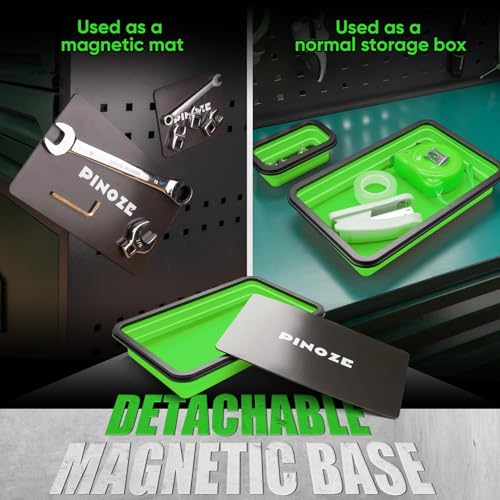 Pinoze 3-Piece Collapsible Magnetic Parts Tray Set with 12" Flexible Magnetic Pickup Tool - Green