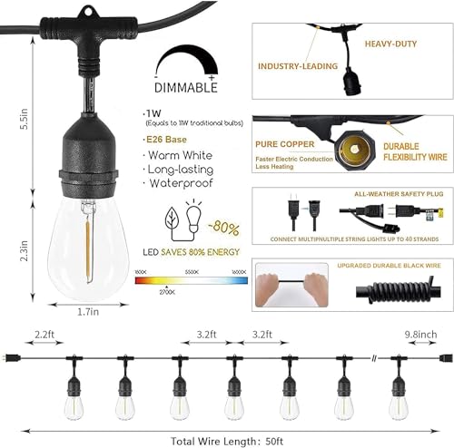 Svater 105 FT Outdoor Waterproof String Lights with Shatterproof Bulbs ETL Certified