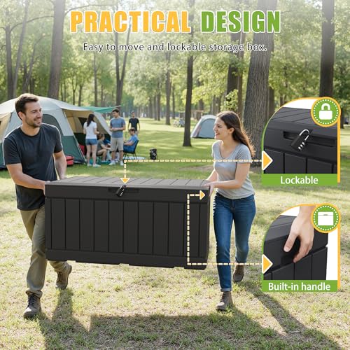 Greesum 82 Gallon Outdoor Storage Box with Lid - Waterproof, Lockable Patio Garden Bin (Black)