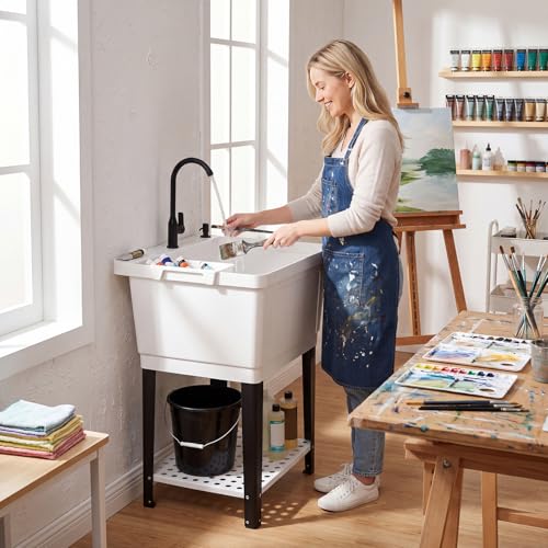 Giantex 23.2 Gal Freestanding Utility Sink with Faucet, Drain Kit & Storage Shelf