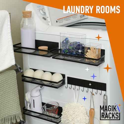 Magik Racks Magnetic Shelves - Ideal Spice Rack & Home Storage Organizer for Kitchen, Entry Way and Laundry Room - 4 Magnetic Shelves + 1 Hook Bar (3.94" x 12.2" x 3.15")