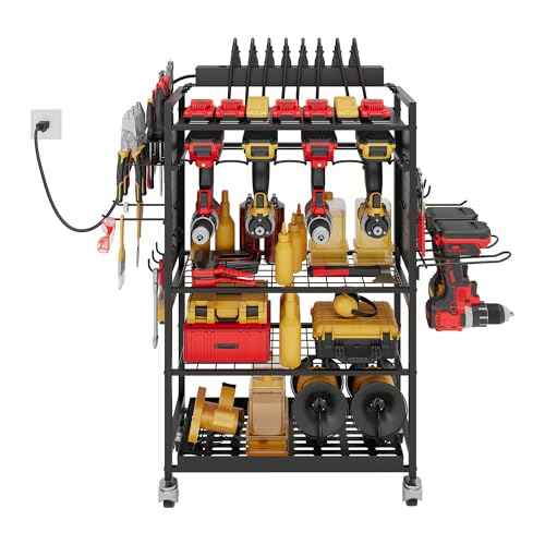 Power Tool Organizer Cart with Charging Station, Garage Rolling Storage with Drill Holder, Utility Rack for Cordless Tools, Battery & Screwdriver Shelf on Wheels, Tool Chest,Gifts for Dad Husband