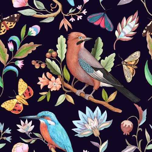 Vintage Black Floral Bird Peel and Stick Wallpaper Dark Botanical Design with Butterfly Removable Self Adhesive Vinyl Contact Paper for Cabinets Bathroom Wallpaper 17.7" x 70.8"