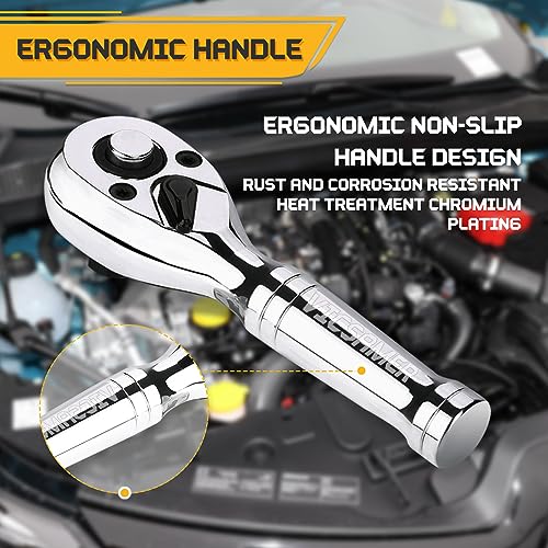 Stubby Ratchet Set- 3/8" Drive Ratchet Handle with a Extension Bars, Gift for Men 72-T Reversible Quick Release Head Premium Mini Ratchet Wrench for Narrow Spaces