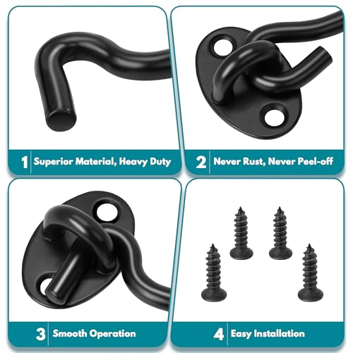 Rainspire 4-Inch Black Hook and Eye Gate Latch with Strong Screws - 2 Pack