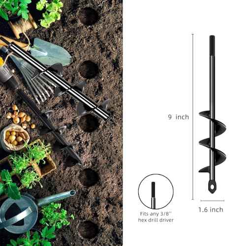 Garden Auger Drill Bit for Planting 1.6x9in, Ground Earth Spiral Auger Drill for 3/8" Hex Drive, Yard Auger for Bulbs, Flowers & Bedding Digging, Planter Tool