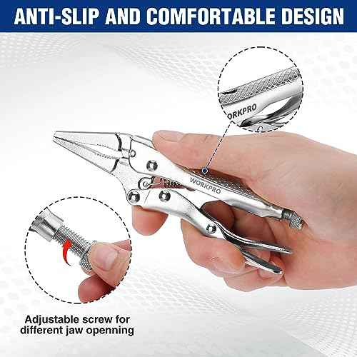 WORKPRO 4-1/2 inch Mini Long Nose Locking Pliers, Chromium-Vanadium Steel Locking Pliers, Locking Adjustable Vise Grips for Clamping Twisting Welding