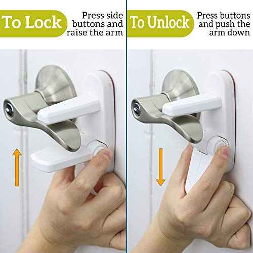 Door Lever Lock (1 Pack) Prevents Toddlers from Opening Doors. 3.25" L * 1.5" W * 4.5" H Easy One Hand Operation for Adults. Durable ABS with 3M Adhesive Backing. Simple Install, No Tools Needed.