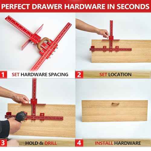 Cabinet Hardware Jig Punch Locator with Extended Ruler, Aluminum Alloy Cabinet Template Tool with Upgrade Box for Installation Handles Knob on Drawer Door Pulls (Red)