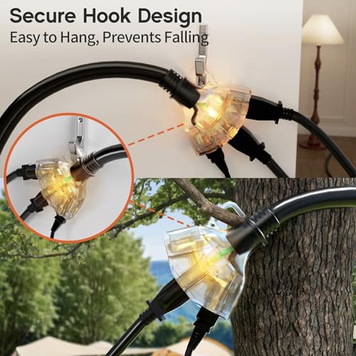 Black 50FT Outdoor Extension Cord with Multiple Outlets & Indicator Light