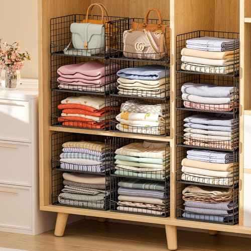 JKsmart 4-Tier Stackable Closet Organizers and Storage Shelves, Extend Clothing Closet Shelf Bins for Jeans Pants Sweaters - Wardrobe Cupboard Clothes Organizer System-Wider Mouth Design